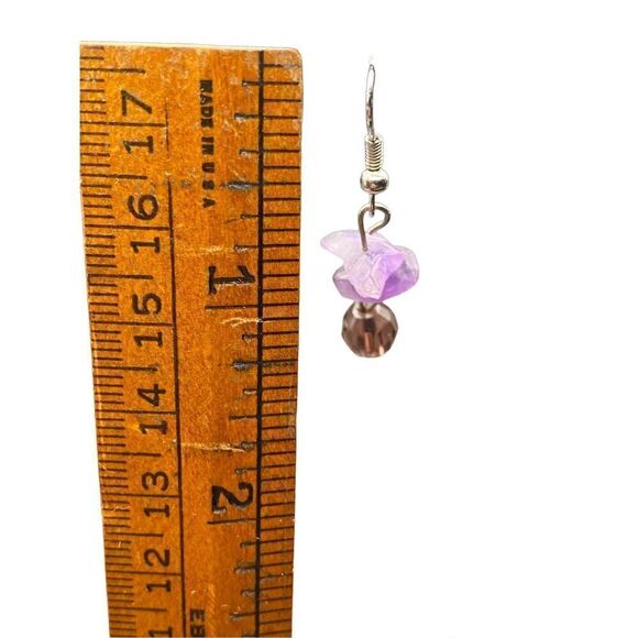 Sterling silver 925 fishhook amethyst chip drop earrings purple crystal beads - Picture 2 of 5